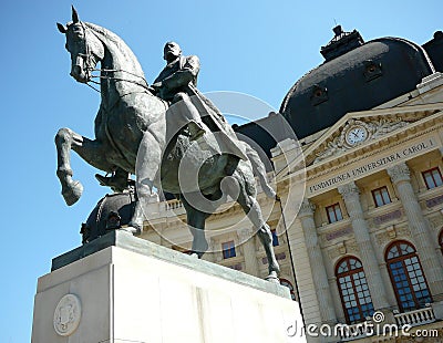 Bucharest view -Carol I statue and Central Library Stock Photo