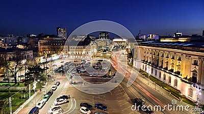 Bucharest view over Revolution Square at blue hour Editorial Stock Photo