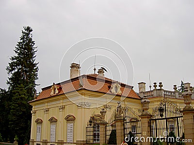 Buchlovice chateau, view of the building and the roof of the chateau, the chimney on which the peacock sits Stock Photo