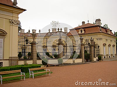 Buchlovice chateau, view of the entrance gate from the courtyard, without people during the day Stock Photo