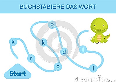 Buchstabiere das wort - Spell the word. Maze for kids. Spelling word game template. Learn to read word crocodile. Activity page Vector Illustration