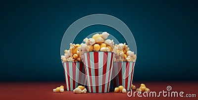 bucket blue food film box cinema background red popcorn reflection corn. Generative AI. Stock Photo