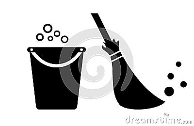 Bucket and broom cleaning vector icon Vector Illustration