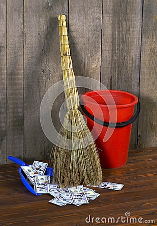 Bucket, broom and dustpan Stock Photo