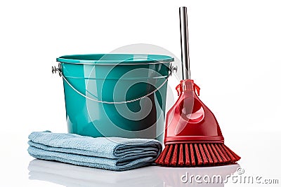 Bucket, brush and floor cleaning cloth on white Stock Photo