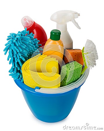 Bucket with cleaning items, top view Stock Photo