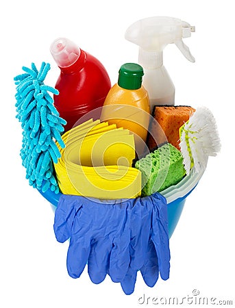 Bucket with cleaning items, top view Stock Photo