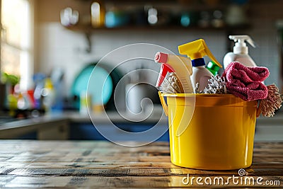 Bucket with cleaning items on wooden table Stock Photo