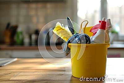 Bucket with cleaning items on wooden table Stock Photo