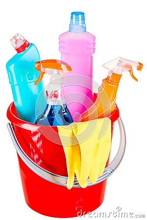Bucket and cleaning products for home cleaning Stock Photo