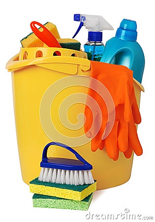 Bucket with cleaning supplies Stock Photo