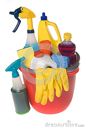 Bucket of cleaning supplies Stock Photo