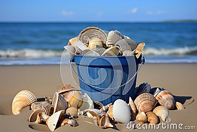 Bucket with different shells on the beach. Generative AI Stock Photo