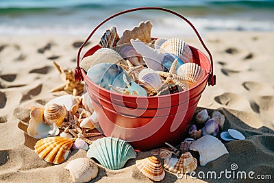 Bucket with different shells on beach. Generative AI Stock Photo