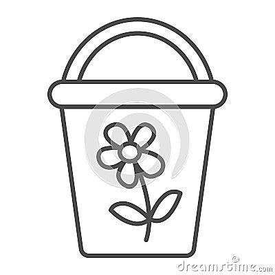 Bucket with flower for gardening thin line icon, gardening concept, kids toy bucket vector sign on white background Vector Illustration