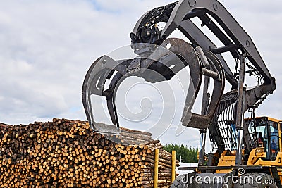 Bucket a forestry grapple loader against the background of a stack of logs outdoors Stock Photo