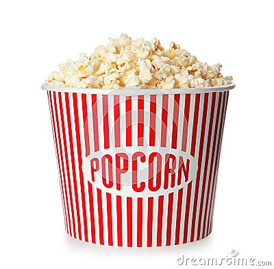 Bucket with fresh tasty popcorn on white. Cinema snack Stock Photo