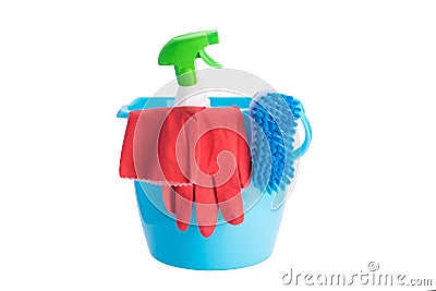 Bucket with items and cleaning products for wet cleaning, isolated on white Stock Photo