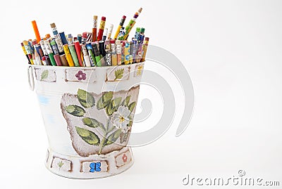 Bucket with multicolor pencils, isolated on white Stock Photo