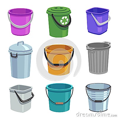 Bucket and pail set. Empty containers with handle, trash bins and buckets with water. Cartoon isolated set Vector Illustration