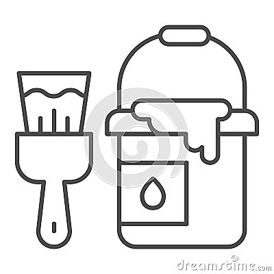 Bucket of paint and brush thin line icon, house repair concept, building painter tools sign on white background, paint Vector Illustration