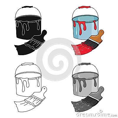 Bucket of paint and paintbrush icon in cartoon style isolated on white background. Artist and drawing symbol stock Vector Illustration