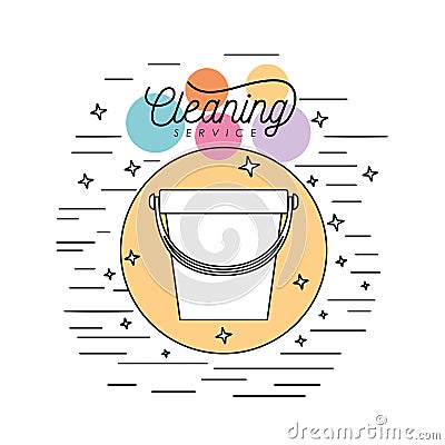 Bucket plastic silhouette cleaning service in circular frame with color bubbles and decorative stars and lines on white Vector Illustration