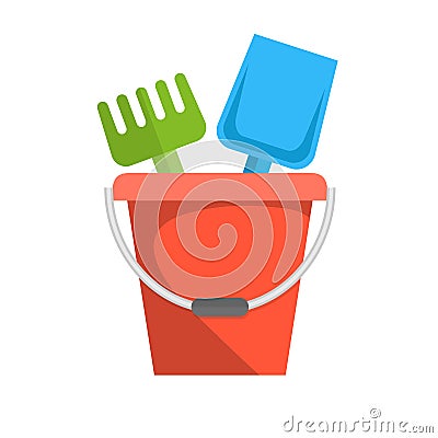 Bucket, rake and shovel for children sandbox icon Vector Illustration