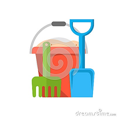 Bucket, rake and shovel with sand Vector Illustration