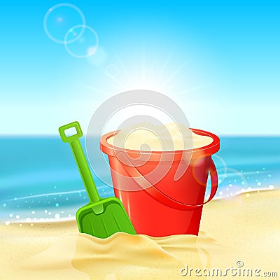 Bucket of sand and shovel on beach Vector Illustration