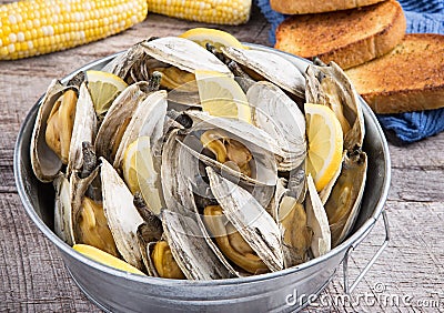 Bucket of steamed clams Stock Photo