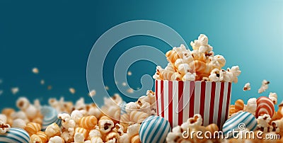 film box background bucket popcorn blue red food entertainment cinema corn. Generative AI. Stock Photo