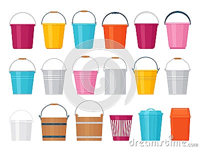 Bucket. Vector illustration. Flat design. Plastic, metal, wood pail Vector Illustration