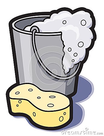 Bucket Of Water And Sponge Vector Illustration