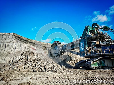 Bucket wheel excuvator is digging a soil in coal mine. Editorial Stock Photo