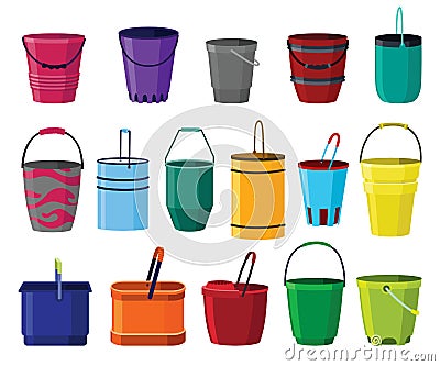 Buckets collection. Bail vector cartoon icons or pails with handle. Plastic household buckets. Cleaning containers Vector Illustration