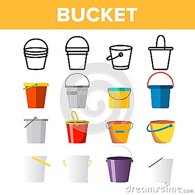 Buckets, Pails Vector Thin Line Icons Set Vector Illustration