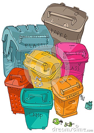 Buckets for separated garbage collection. Vector Illustration