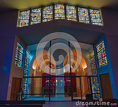 Buckfast Abbey Stained glass windows reflection Editorial Stock Photo