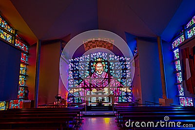 Buckfast Abbey Stained glass windows reflection Stock Photo