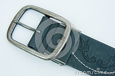 Buckle on leather belt. Stock Photo