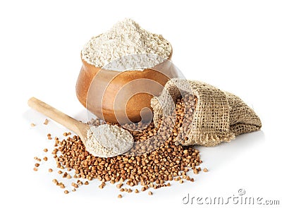 Buckwheat flour in bowl and a bag Stock Photo