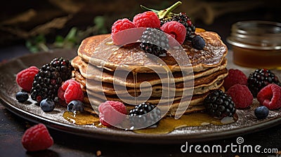 Buckwheat pancakes with berry fruit and honey on wooden vintage table Stock Photo