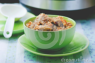 Buckwheat with vegetables and chicken Stock Photo