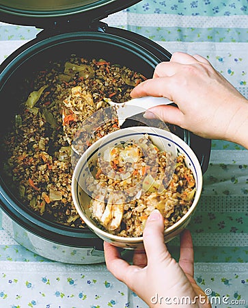 Buckwheat with vegetables and chicken Stock Photo