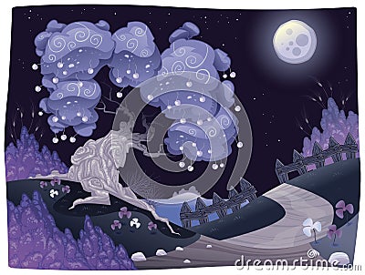 Bucolic nightly landscape on the sea. Vector Illustration