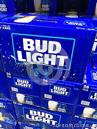 Bud Light Beer 36 pack beer cans display at grocery store - USA - 2023 Editorial Stock Photo