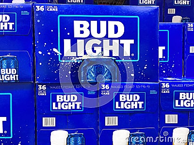 Bud Light Beer 36 pack beer cans display at grocery store - USA - 2023 Editorial Stock Photo