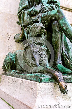 Buda Castle Bronze Sculptures with Man, Falcon and Dog Stock Photo