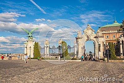 Buda Castle entrance gate and Turul eagle statue, Budapest, Hung Editorial Stock Photo